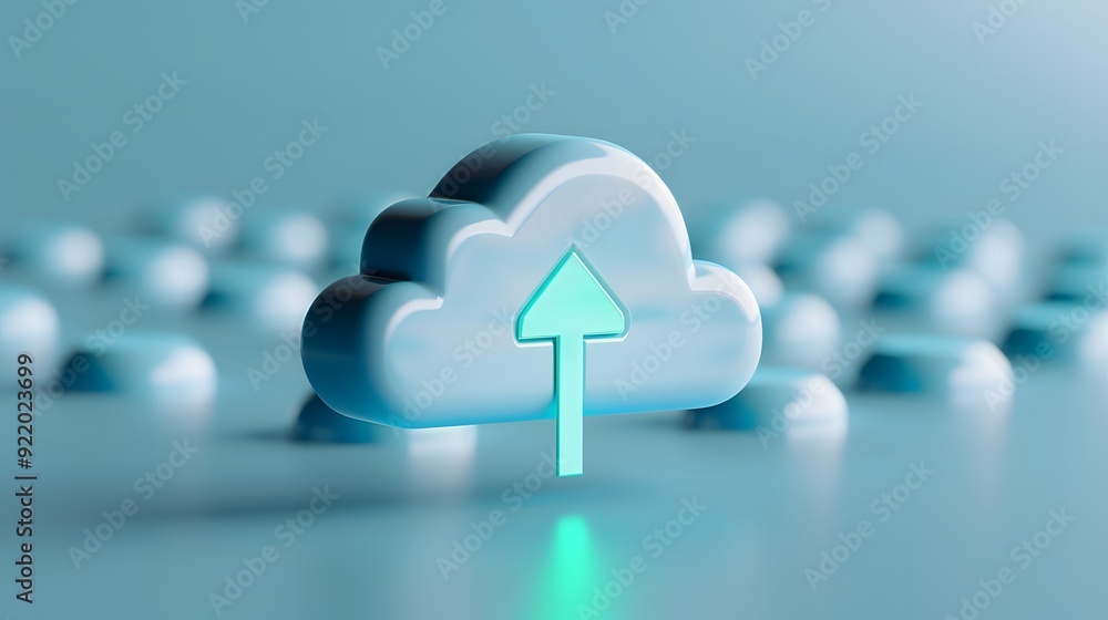 Poster 3d illustration of a cloud icon with an upward arrow symbolizing data upload and cloud computing aga