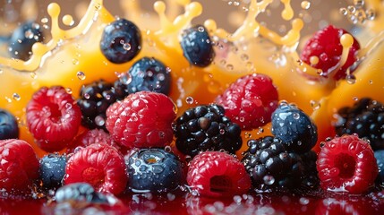 Fresh raspberries and blueberries splash in vibrant juice on a sunny kitchen countertop