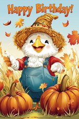 Charming Cartoon Chicken Dressed as Scarecrow with Straw Hat and Overalls Surrounded by Pumpkins in a Fall Scene