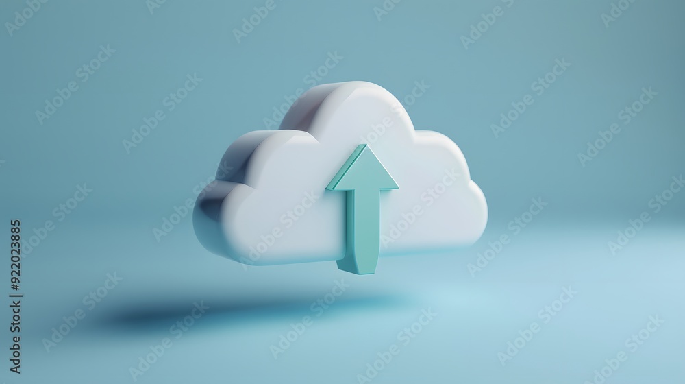 Poster 3d illustration of a cloud symbol with an upward arrow, representing cloud computing, data storage, 