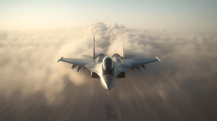 A fighter jet is flying at high speed with a motion blur effect.