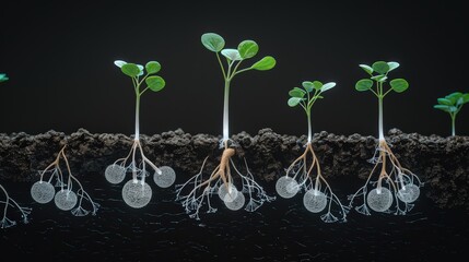 Luminous Symbiosis: 3D Mycorrhizal Fungi and Plant Roots Illustration on Black Background