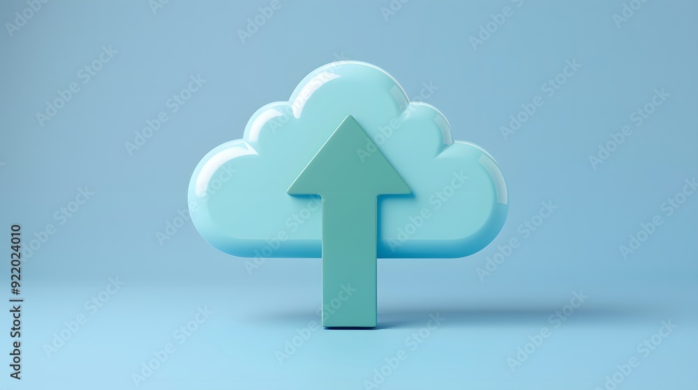 Poster 3d illustration of a cloud upload icon on a blue background representing cloud storage, data transfe