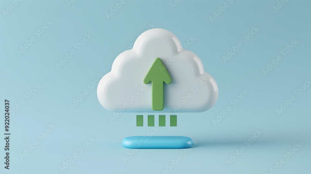 Poster 3d illustration of a cloud upload icon on a light blue background, representing data storage and clo
