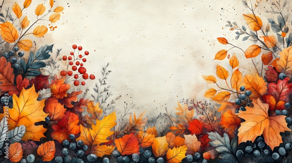 Poster watercolor autumn leaves and berries creating a frame on paper background