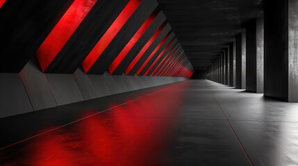 Red light illuminates a long, narrow corridor with angled walls.