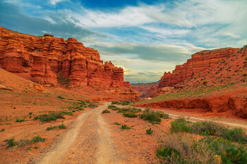 View of the Charyn Canyon at sunset. South-Eastern Kazakhstan.