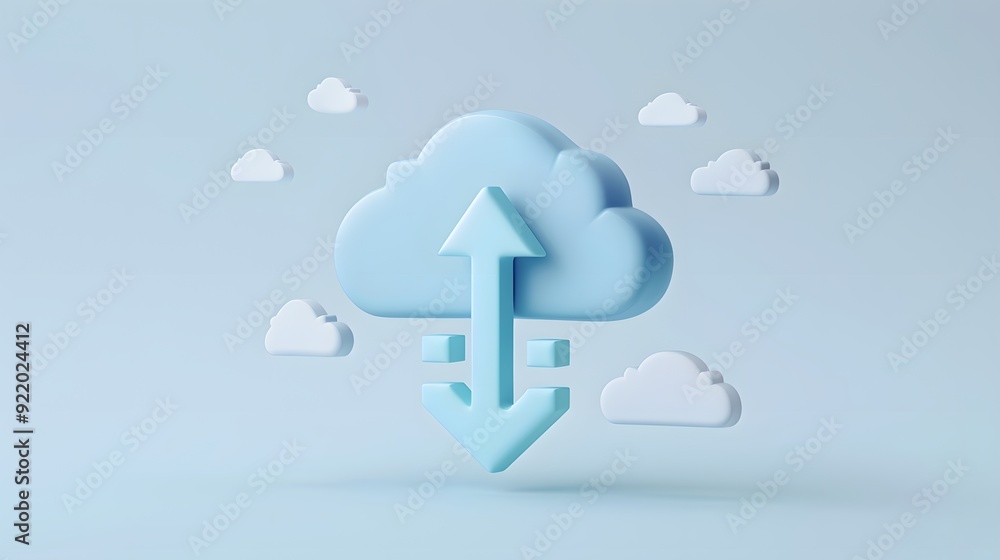 Poster 3d illustration of a cloud with an arrow pointing up and down, representing data upload and download