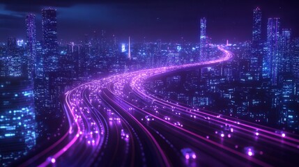 Fototapeta premium Glowing purple light trails of traffic flow along a winding highway through a futuristic cyberpunk city at night.