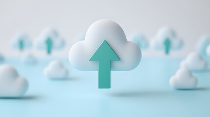 3D illustration of a cloud with an upward arrow, symbolizing cloud storage and data upload, set against a blue background.