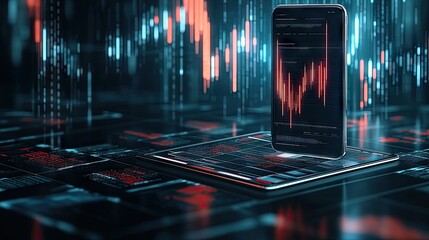 Dynamic financial analytics displayed on a sleek digital device amidst an energetic office environment