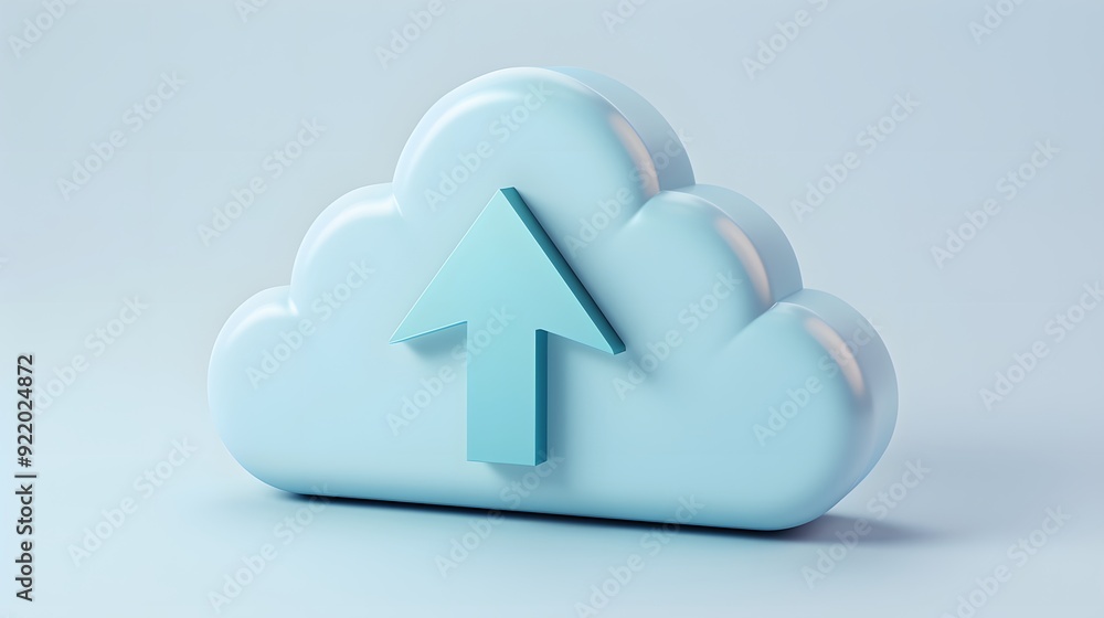 Poster 3d illustration of a cloud with an upward arrow symbolizing data upload, cloud storage, backup, and 