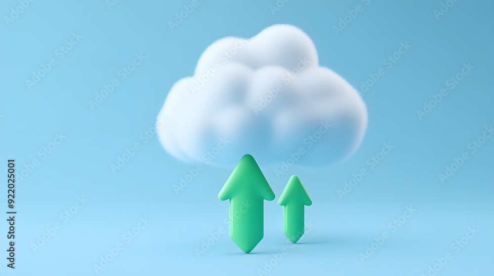Poster 3d illustration of a cloud with green arrows pointing up, symbolizing cloud computing and data uploa