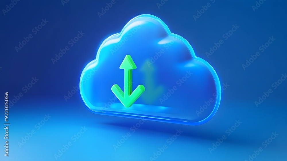 Poster 3d illustration of a cloud with green arrows representing upload and download. conceptual image of c
