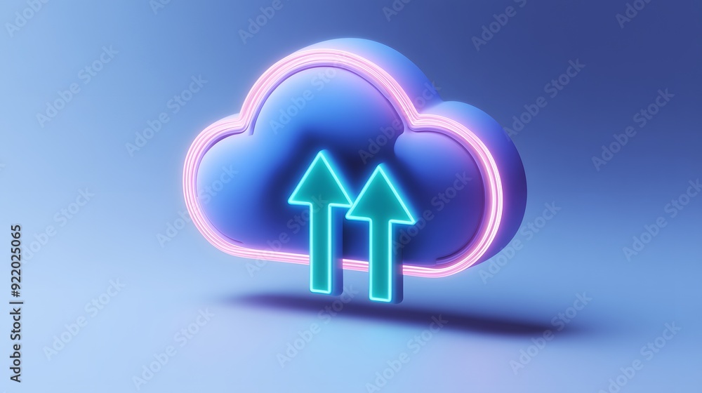 Poster 3d illustration of a cloud with two glowing arrows pointing upward, representing cloud computing and