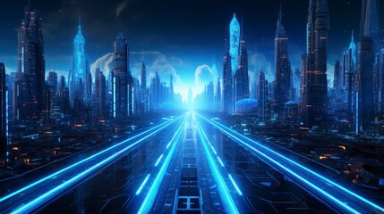 A futuristic cityscape with glowing pathways and towering skyscrapers under a starry sky.