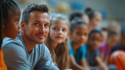 Obraz premium A man with a smile on his face is looking at a group of children