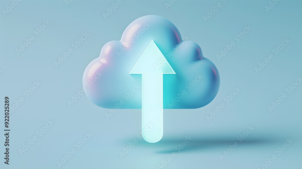 Poster 3d illustration of a glowing arrow pointing upwards into a cloud symbolizing cloud computing and dat