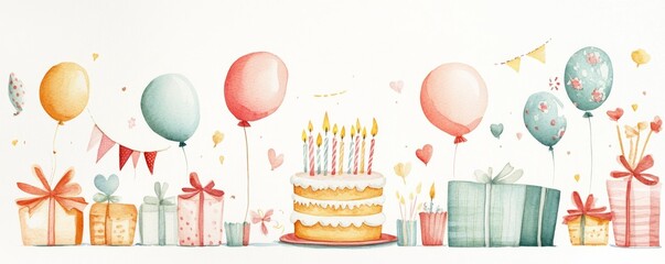 Birthday party watercolor illustration featuring cake, balloons, gift boxes and garlands