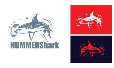 hummer shark, big and strong sea predator logo, silhouette of great wild jaw vector illustrations