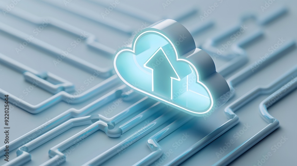 Aufkleber 3d illustration of a glowing cloud icon with an arrow, symbolizing data upload, and technology integ