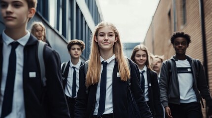 Obraz premium A group of students wearing ties and backpacks walking down a street