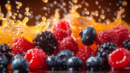 Fresh berries splashing in orange juice with droplets flying in a colorful display