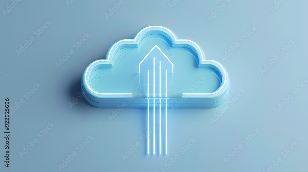 Poster 3d illustration of a glowing cloud icon with an upward arrow, representing cloud computing, data sto