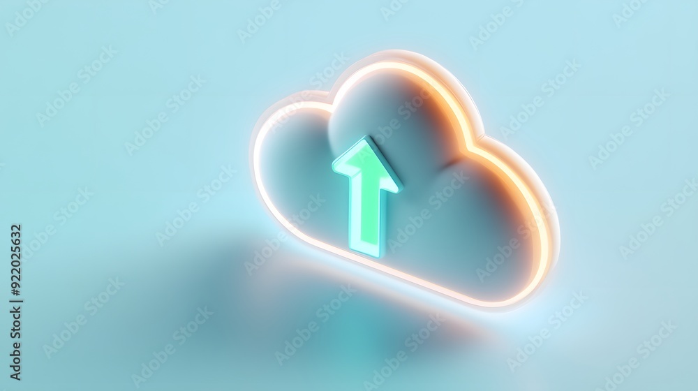 Poster 3d illustration of a glowing cloud with an arrow symbol, representing cloud computing, data upload, 