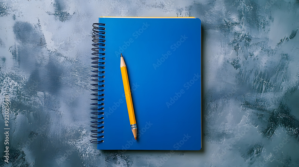 Poster top down view of open blue notebook and pencil on grey backdrop spiral bound school and office noteb