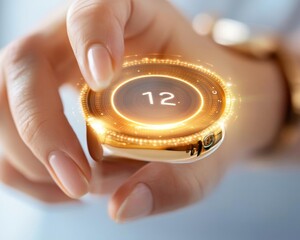A woman's hand holds a futuristic, glowing device displaying the number 12.