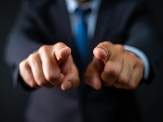 Close up of businessman pointing with both index fingers towards the camera.
