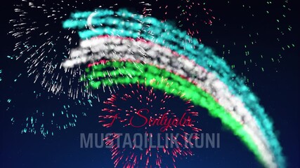 September 1, happy uzbekistan independence day banner. Fireworks uzbek flag on night sky background. Animated greeting card. Translation: September 1st Independence Day of Uzbekistan