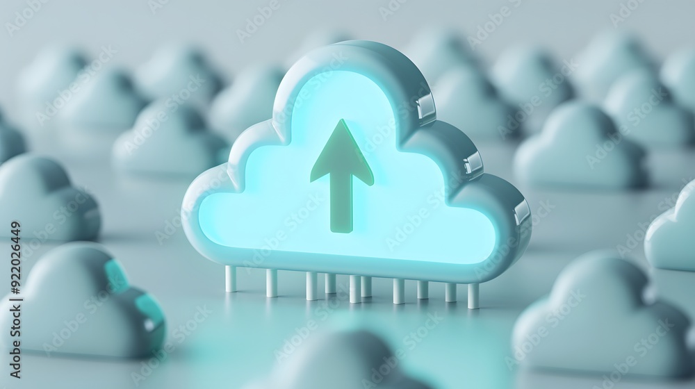 Poster 3d illustration of cloud computing concept with glowing cloud icon and upload arrow representing dat