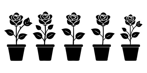 Set of rose flower plant in a pot icons silhouette vector art style illustration
