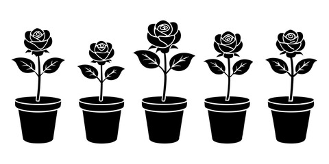 Set of rose flower plant in a pot icons silhouette vector art style illustration
