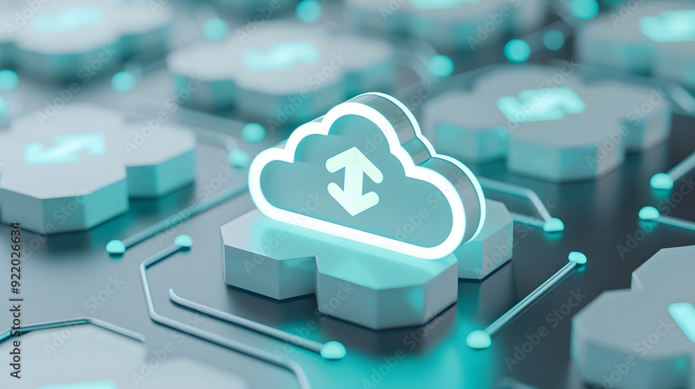 Poster 3d illustration of cloud computing technology and data storage represented by cloud icons and arrows