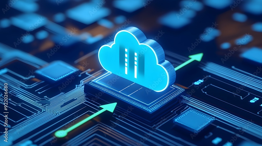 Poster 3d illustration of cloud computing technology on a circuit board background, representing data stora