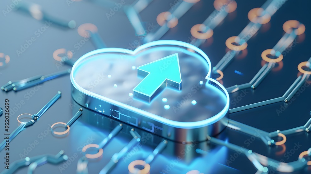 Poster 3d illustration of cloud computing technology with an illuminated cloud icon and circuitry, depictin