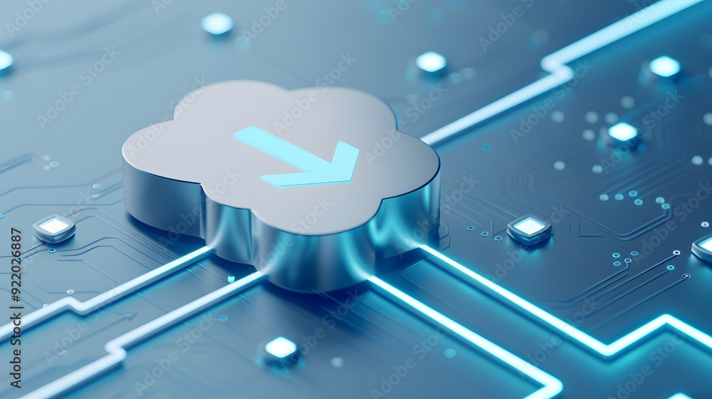 Poster 3d illustration of cloud computing technology with arrows, representing data transfer and digital ne