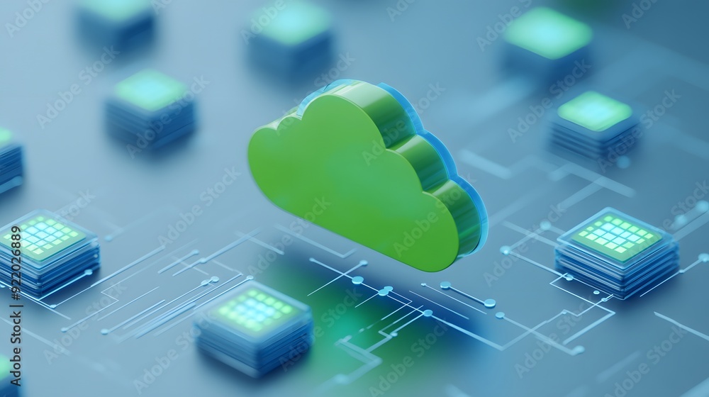 Poster 3d illustration of cloud computing technology with interconnected data nodes, depicting modern data 