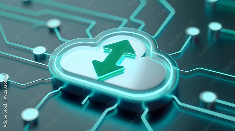 Poster 3d illustration of cloud computing technology with upload and download arrows, representing data sto