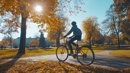Fototapeta premium A person biking through a park during a sunny autumn day.