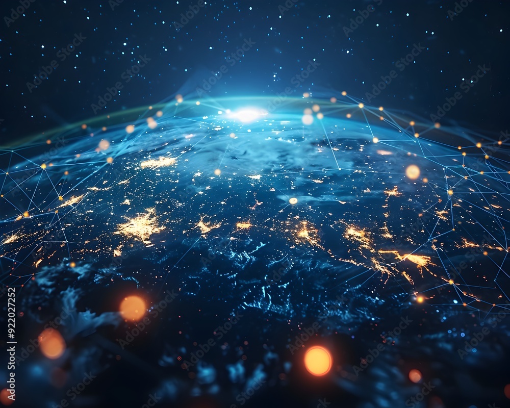 Poster aerial view of global digital connectivity and data networks across planet earth