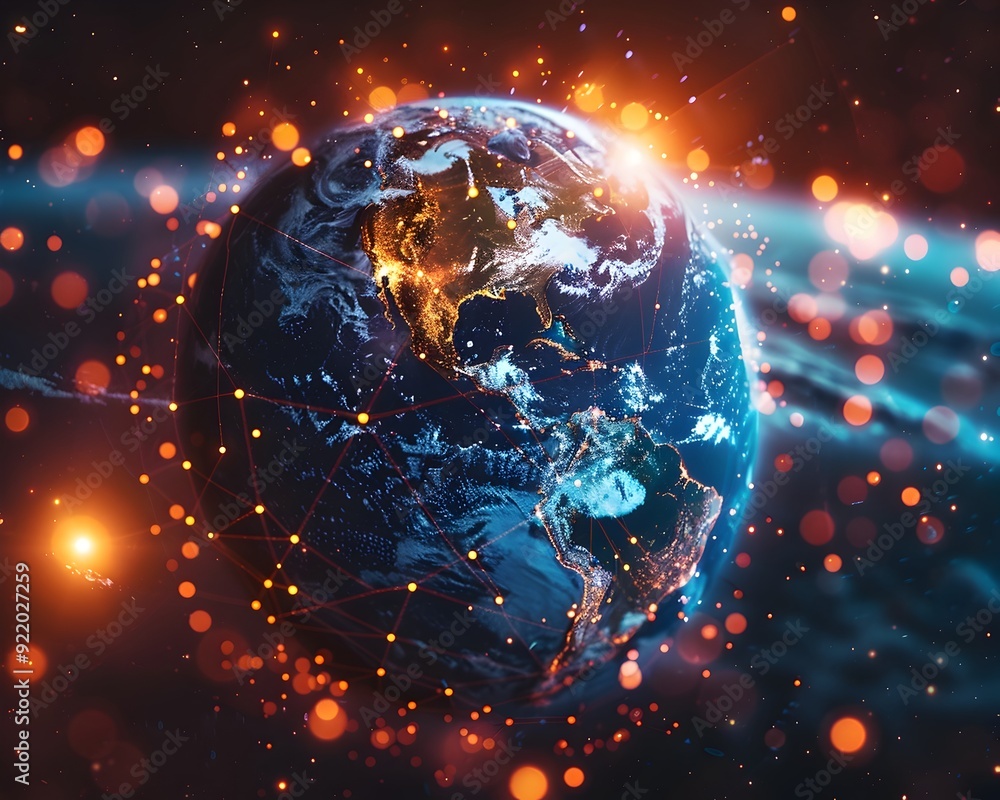 Poster digital global connectivity planet earth enveloped in futuristic data streams
