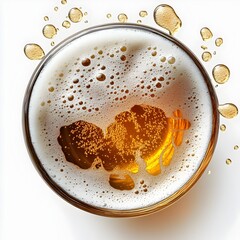 Close up Top View of Sudsy Beer in Transparent Glass on White Background