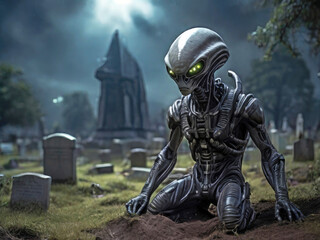 Fototapeta premium A solemn looking alien kneels on a freshly dug grave in a cemetery lit by moonlight at night