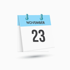 November 23 - calendar and Time planner. Daily Calendar Icon reminder. Vector Illustration.