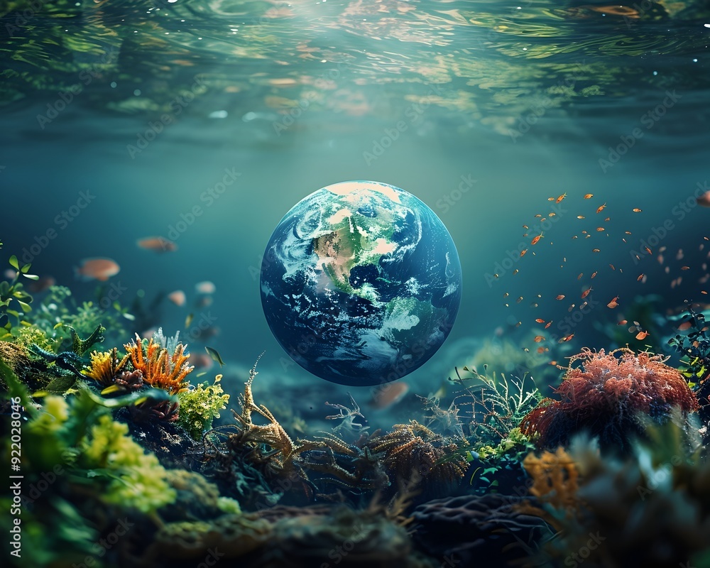 Poster surreal underwater planet earth surrounded by marine life and coral reefs