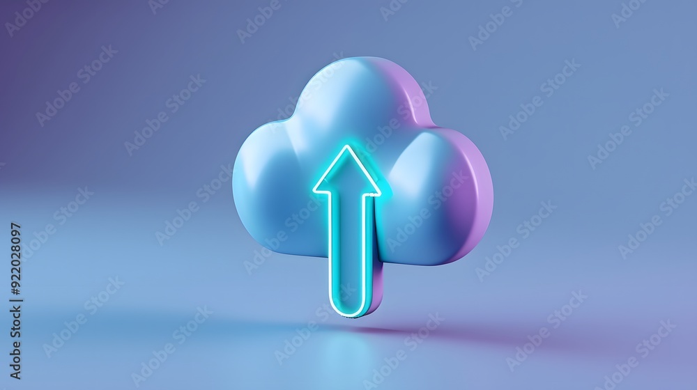 Poster 3d render of a cloud with an arrow symbolizing data upload or cloud computing services, represented 